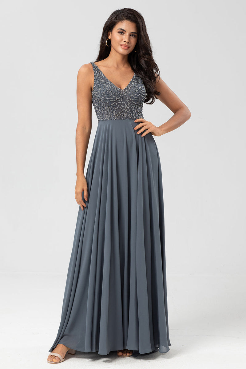 Load image into Gallery viewer, A Line V Neck Eucalyptus Long Bridesmaid Dress with Beading