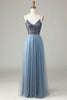 Load image into Gallery viewer, A Line Spaghetti Straps Dusty Blue Long Bridesmaid Dress with Beading