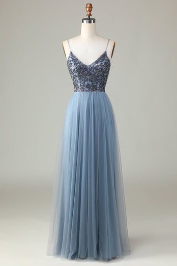 A Line Spaghetti Straps Dusty Blue Long Bridesmaid Dress with Beading