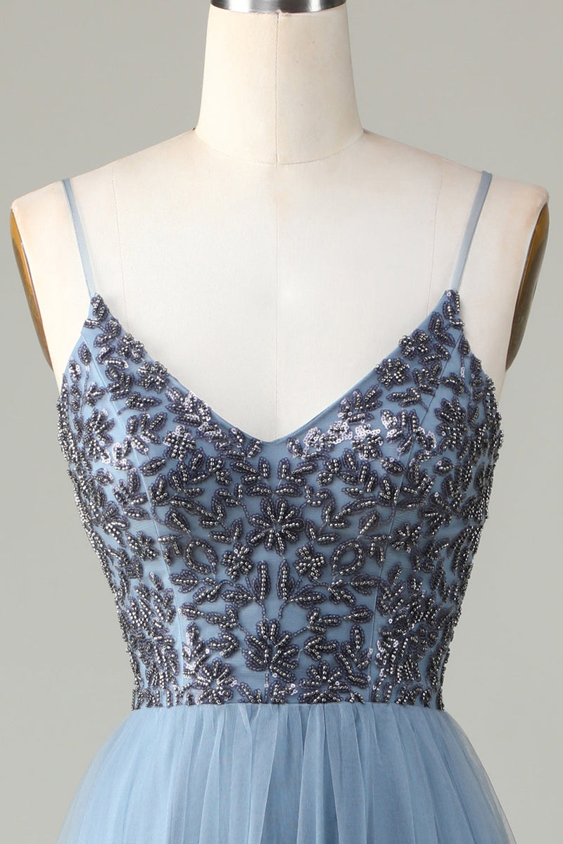 Load image into Gallery viewer, Beaded Spaghetti Straps Dusty Blue Bridesmaid Dress