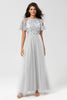 Load image into Gallery viewer, A-Line Jewel Neck Grey Long Bridesmaid Dress with Short Sleeves