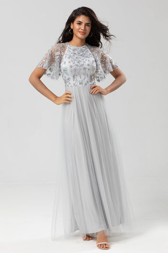 A-Line Jewel Neck Grey Long Bridesmaid Dress with Short Sleeves