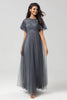 Load image into Gallery viewer, A-Line Jewel Neck Grey Long Bridesmaid Dress with Short Sleeves