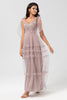 Load image into Gallery viewer, A-Line V Neck Dusty Pink Long Bridesmaid Dress with Beading