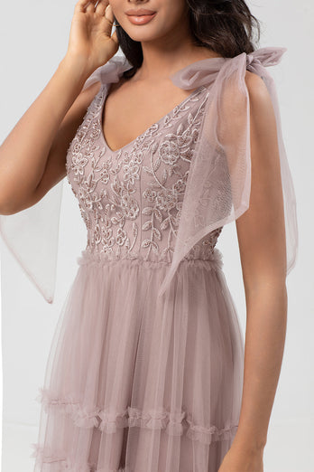 A-Line V Neck Dusty Pink Long Bridesmaid Dress with Beading