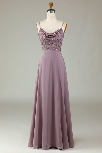 Spaghetti Straps Beaded Dusty Pink Bridesmaid Dress