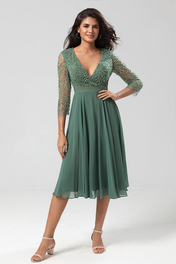 A Line V-Neck Eucalyptus Bridesmaid Dress with Long Sleeves