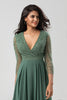 Load image into Gallery viewer, A Line V-Neck Eucalyptus Bridesmaid Dress with Long Sleeves