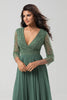 Load image into Gallery viewer, A Line V-Neck Eucalyptus Bridesmaid Dress with Long Sleeves