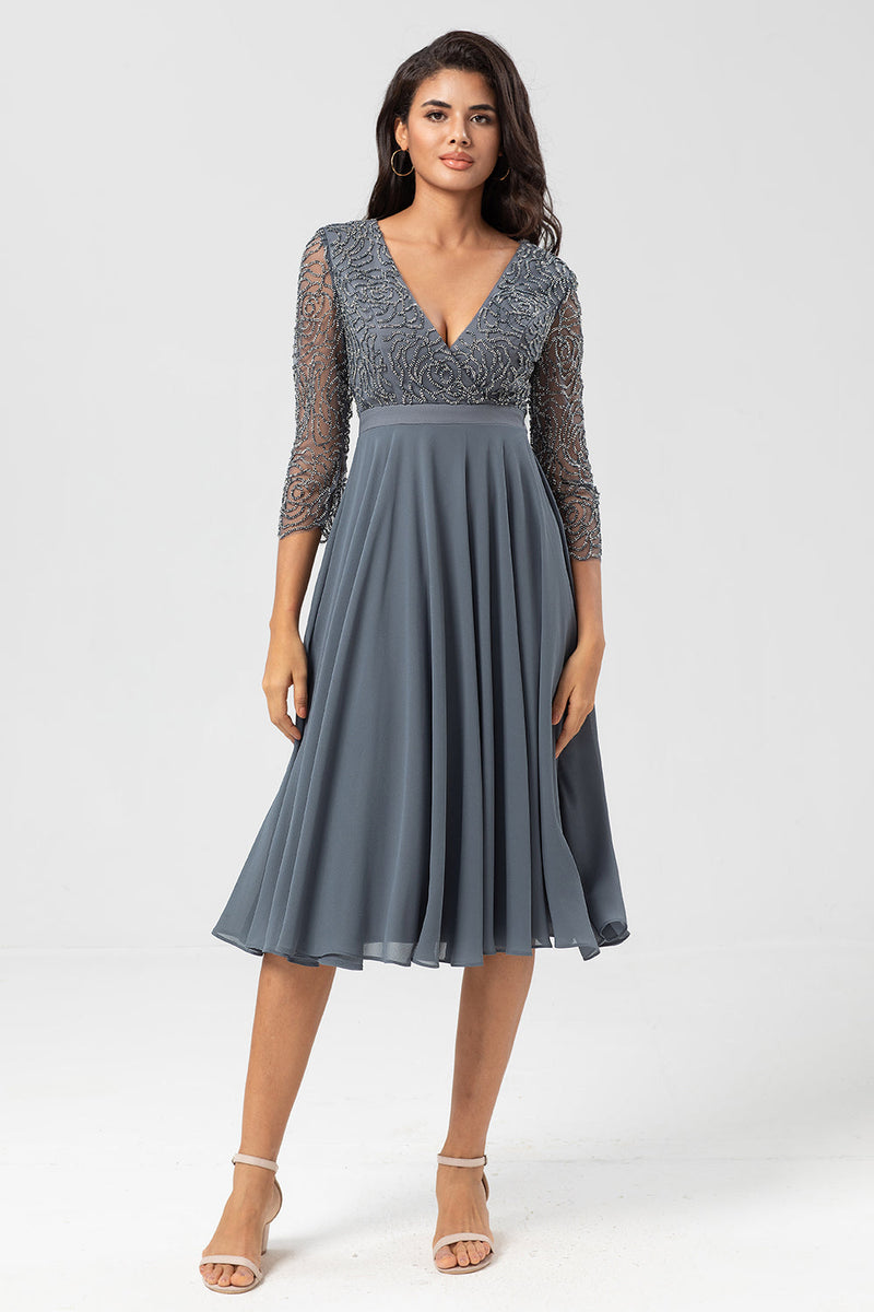 Load image into Gallery viewer, A Line V-Neck Eucalyptus Bridesmaid Dress with Long Sleeves