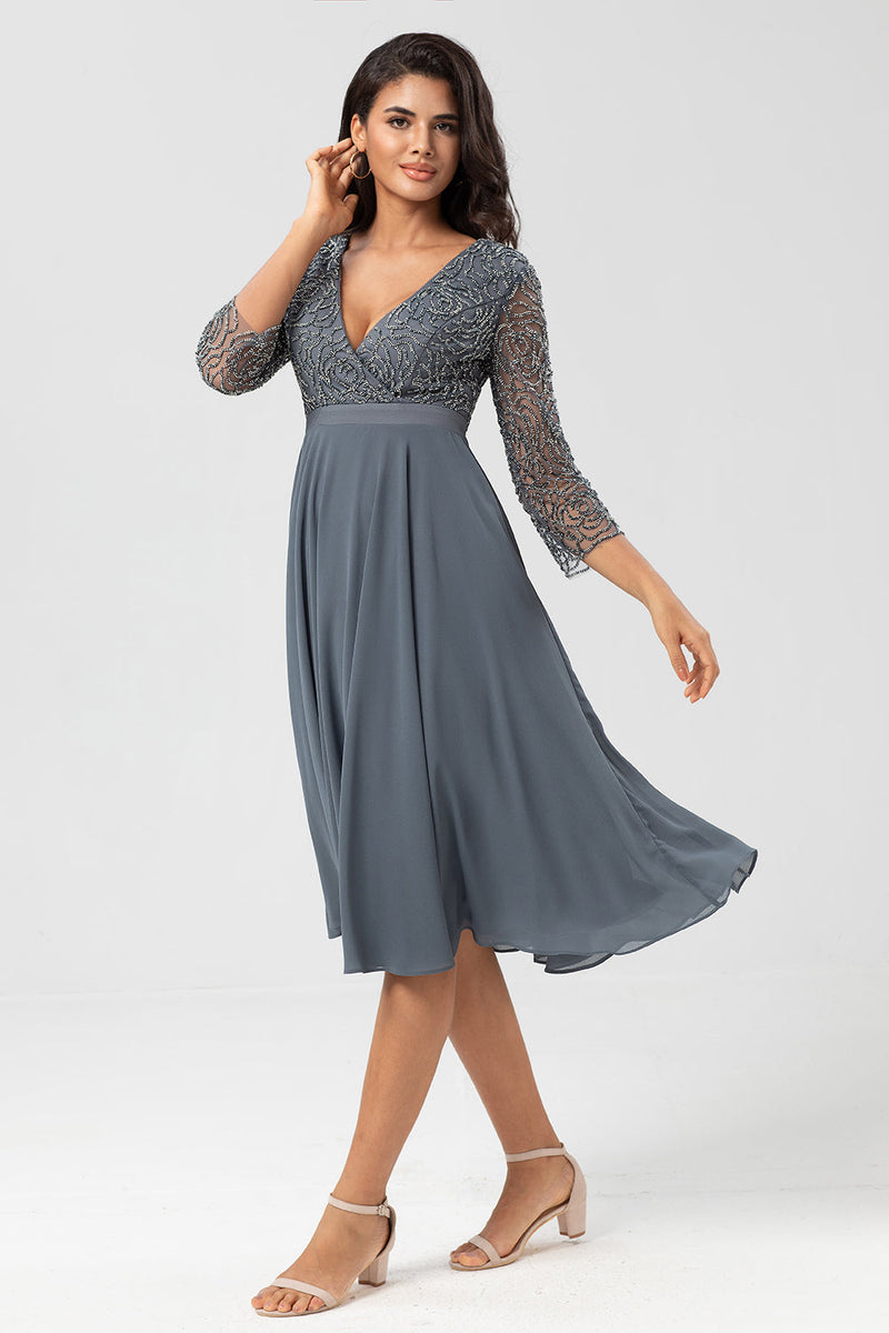 Load image into Gallery viewer, A Line V-Neck Eucalyptus Bridesmaid Dress with Long Sleeves