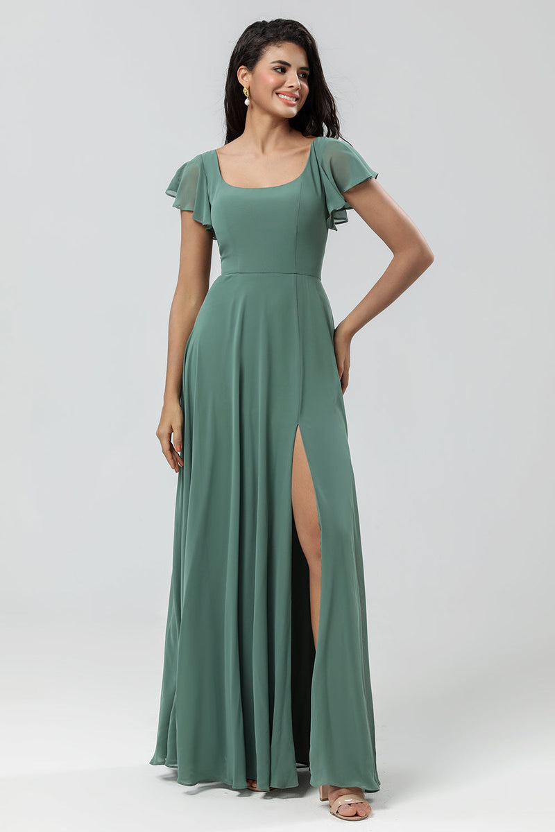 Load image into Gallery viewer, A-Line Green Long Bridesmaid Dress with Ruffles