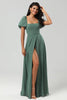 Load image into Gallery viewer, Chiffon Puff Sleeves A Line Green Bridesmaid Dress