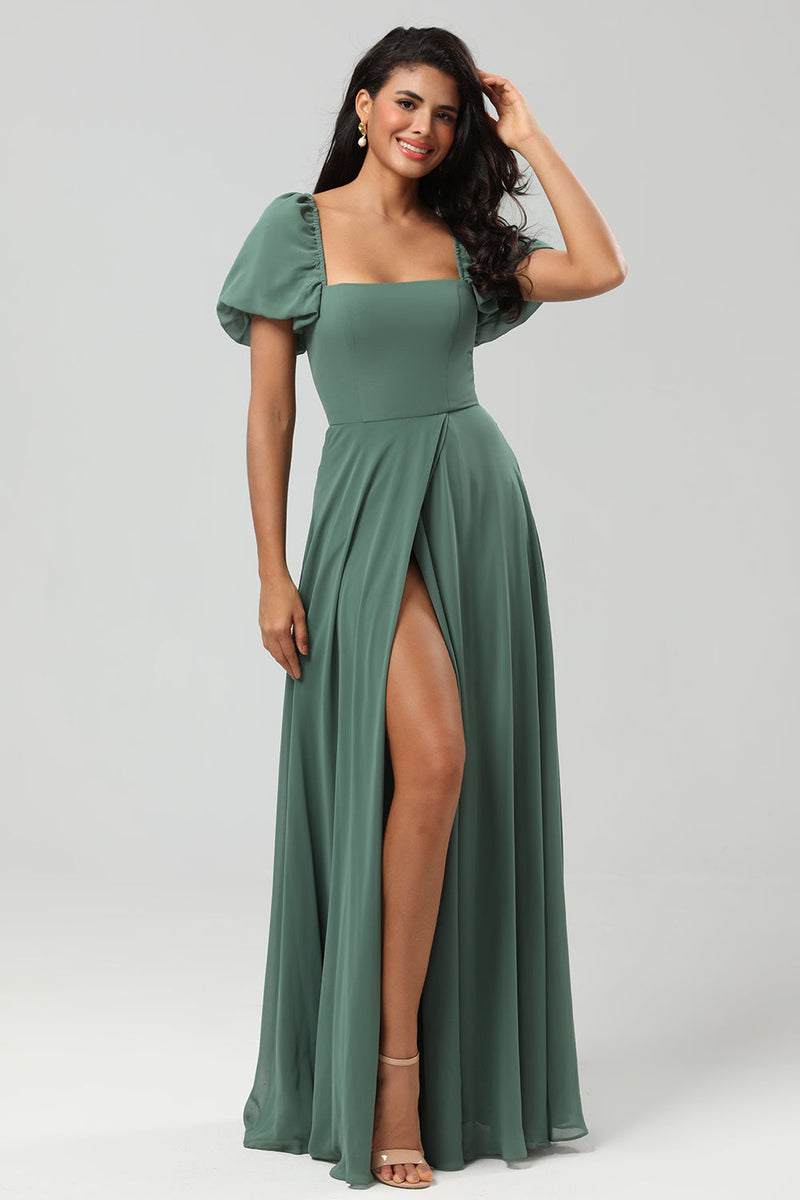 Load image into Gallery viewer, Chiffon Puff Sleeves A Line Green Bridesmaid Dress