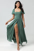 Load image into Gallery viewer, Chiffon Puff Sleeves A Line Green Bridesmaid Dress