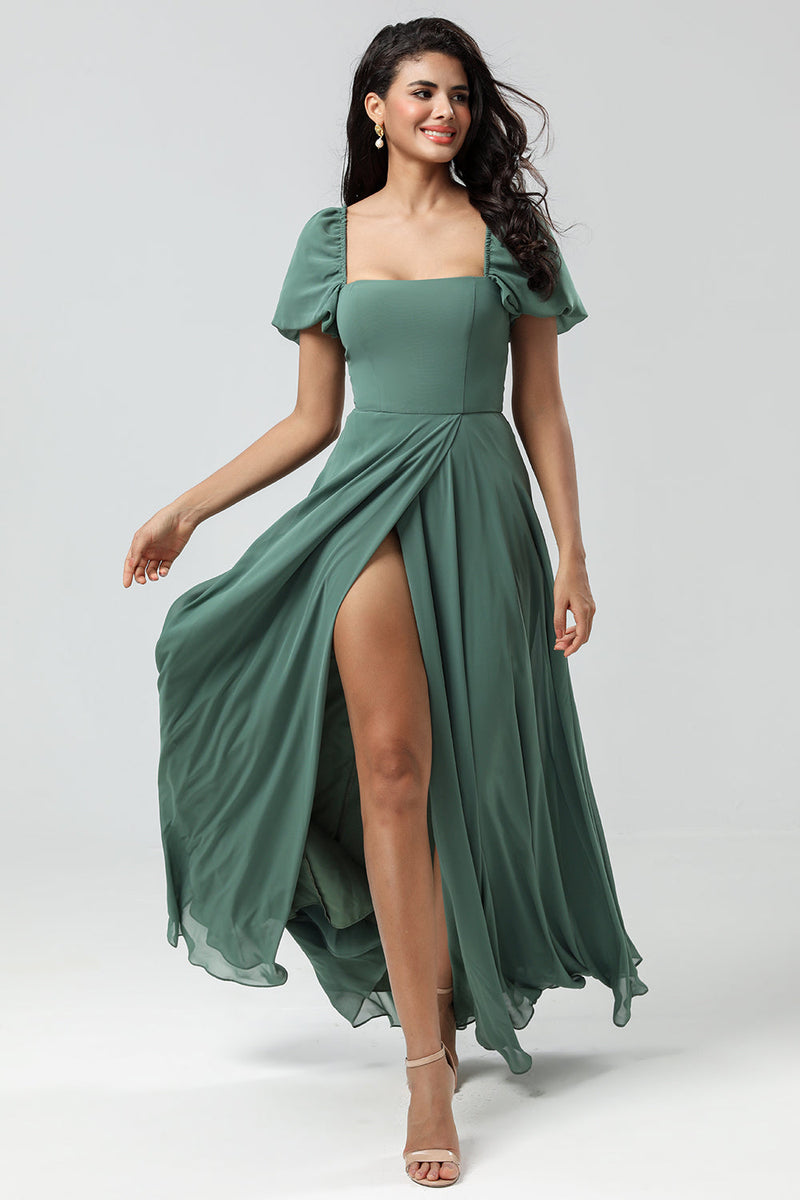 Load image into Gallery viewer, Chiffon Puff Sleeves A Line Green Bridesmaid Dress