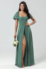 Load image into Gallery viewer, Chiffon Puff Sleeves A Line Green Bridesmaid Dress