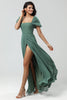 Load image into Gallery viewer, Chiffon Puff Sleeves A Line Green Bridesmaid Dress