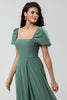 Load image into Gallery viewer, Chiffon Puff Sleeves A Line Green Bridesmaid Dress