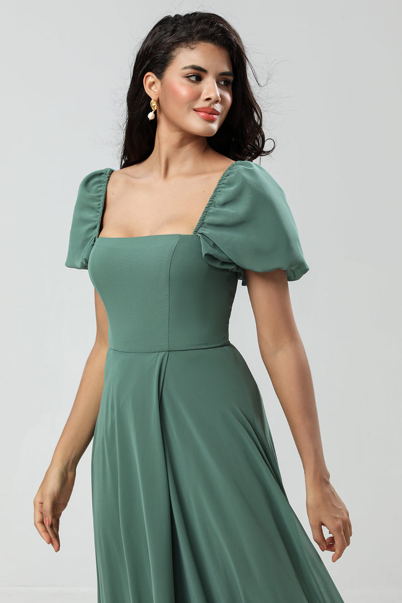 Load image into Gallery viewer, Chiffon Puff Sleeves A Line Green Bridesmaid Dress