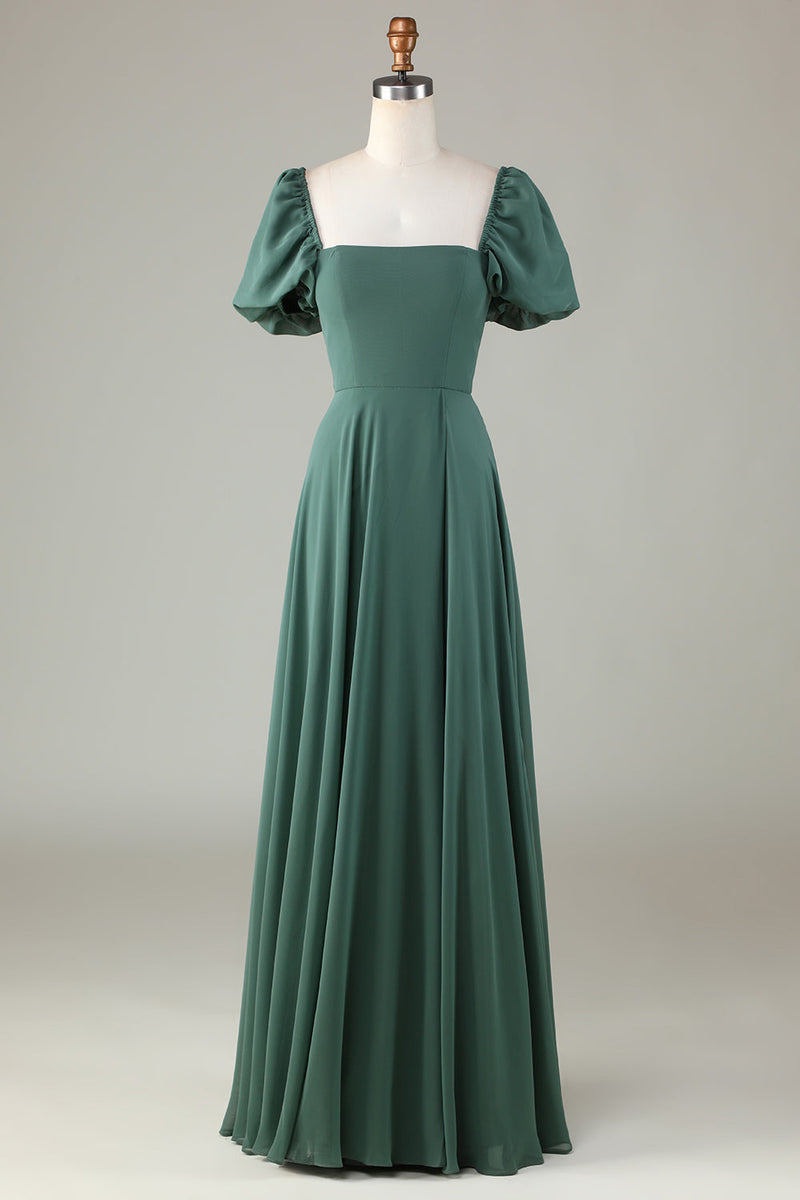 Load image into Gallery viewer, Chiffon Puff Sleeves A Line Green Bridesmaid Dress