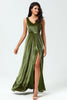 Load image into Gallery viewer, V-Neck Sleeveless A Line Olive Velvet Bridesmaid Dress with Slit