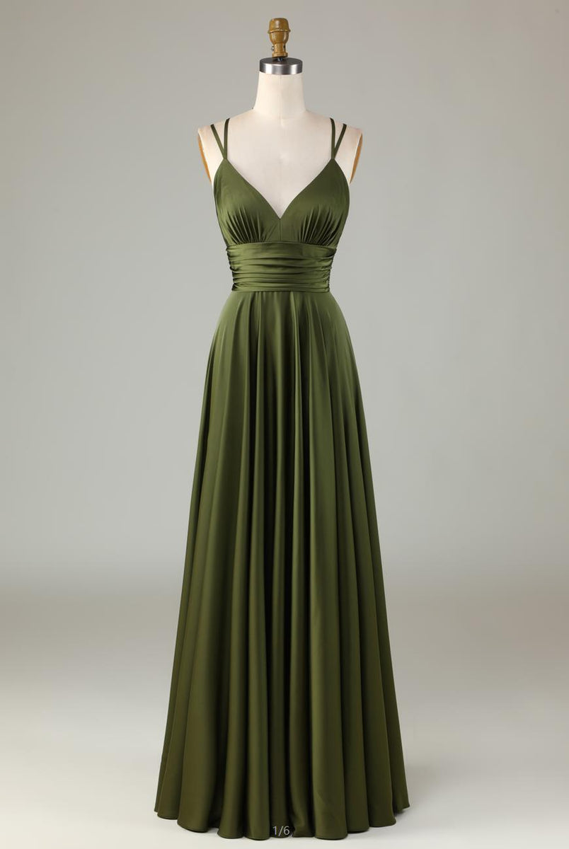 Load image into Gallery viewer, A Line Spaghetti Straps Olive Long Bridesmaid Dress with Ruffles