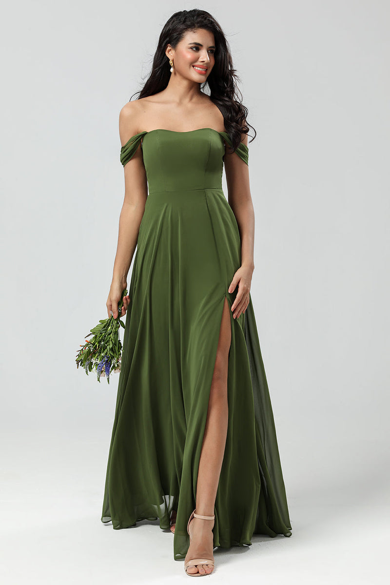 Load image into Gallery viewer, Off The Shoulder A Line Olive Bridesmaid Dress with Slit