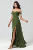 Load image into Gallery viewer, Off The Shoulder A Line Olive Bridesmaid Dress with Slit