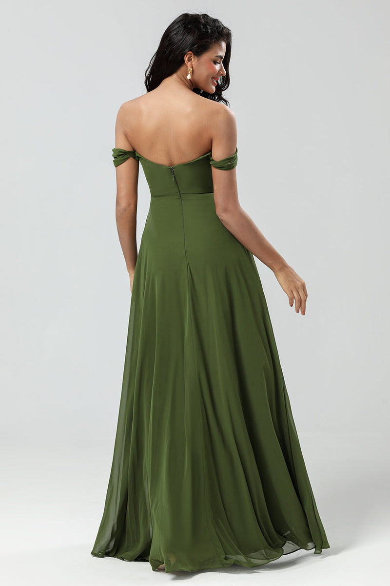 Load image into Gallery viewer, Off The Shoulder A Line Olive Bridesmaid Dress with Slit