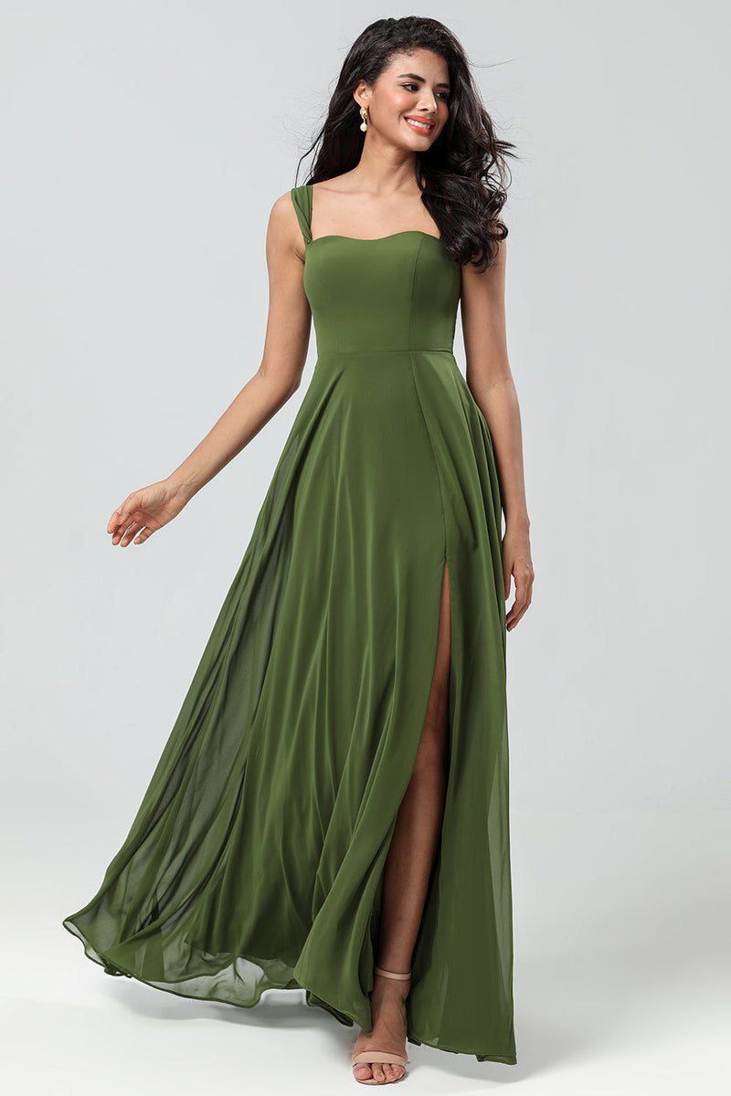 Load image into Gallery viewer, Off The Shoulder A Line Olive Bridesmaid Dress with Slit