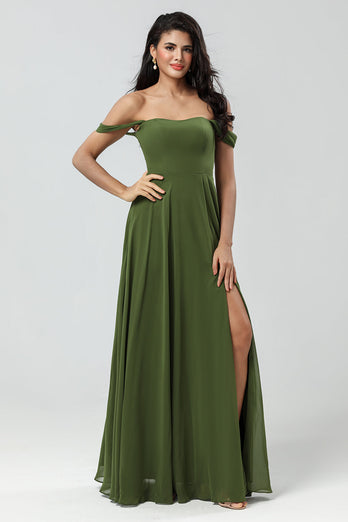 Off The Shoulder A Line Olive Bridesmaid Dress with Slit