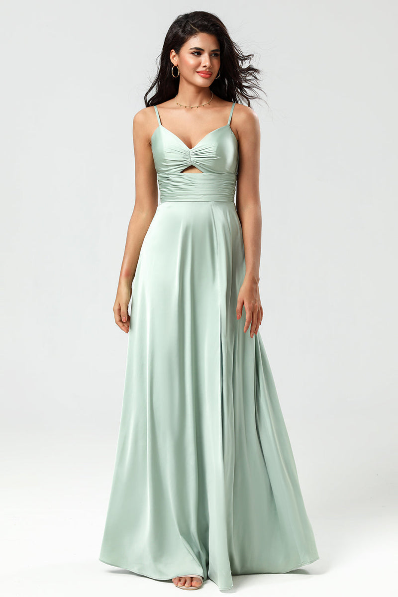 Load image into Gallery viewer, Spaghetti Straps Keyhole A Line Green Bridesmaid Dress with Slit