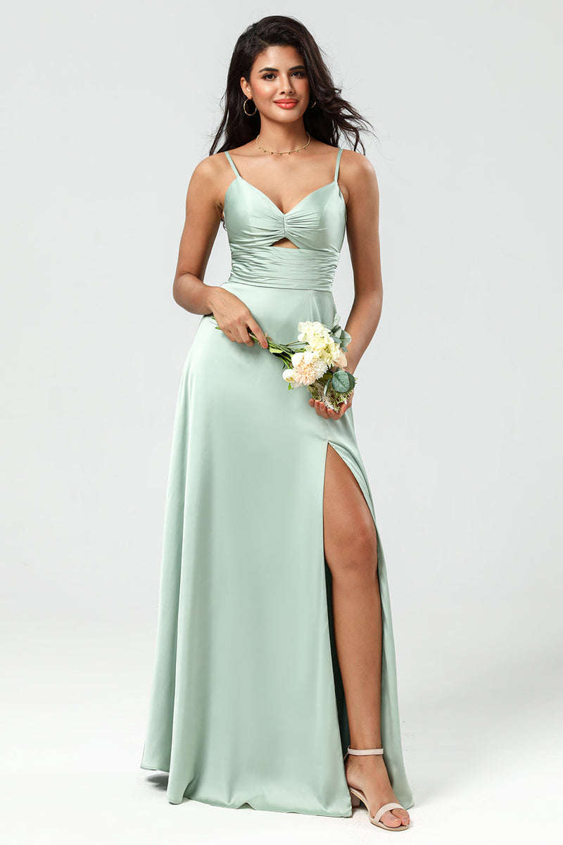 Load image into Gallery viewer, Spaghetti Straps Keyhole A Line Green Bridesmaid Dress with Slit