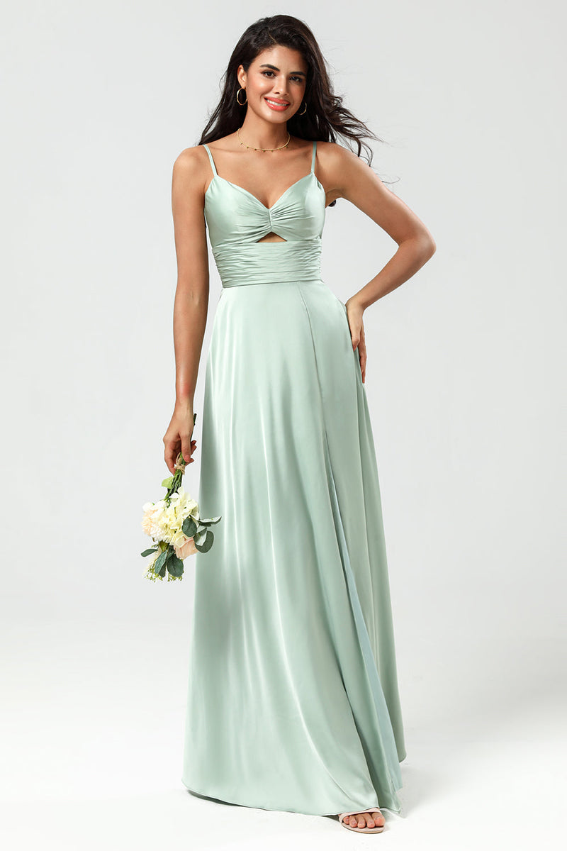 Load image into Gallery viewer, Spaghetti Straps Keyhole A Line Green Bridesmaid Dress with Slit