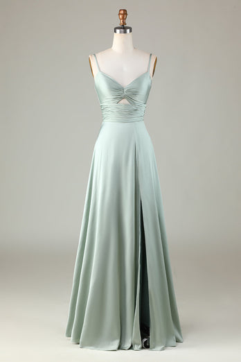 Spaghetti Straps Keyhole A Line Green Bridesmaid Dress with Slit