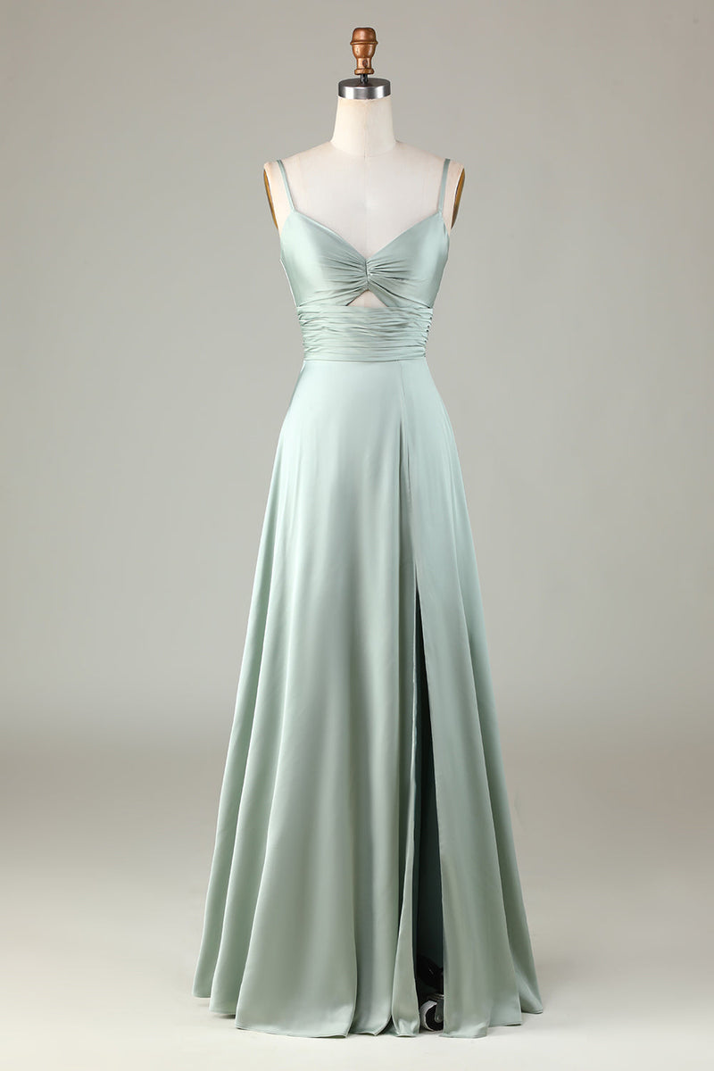 Load image into Gallery viewer, Spaghetti Straps Keyhole A Line Green Bridesmaid Dress with Slit