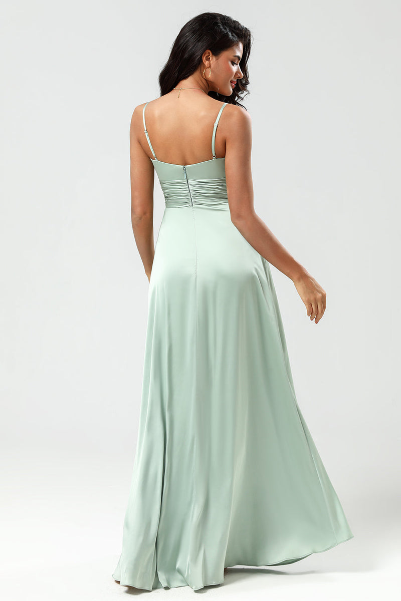 Load image into Gallery viewer, Spaghetti Straps Keyhole A Line Green Bridesmaid Dress with Slit