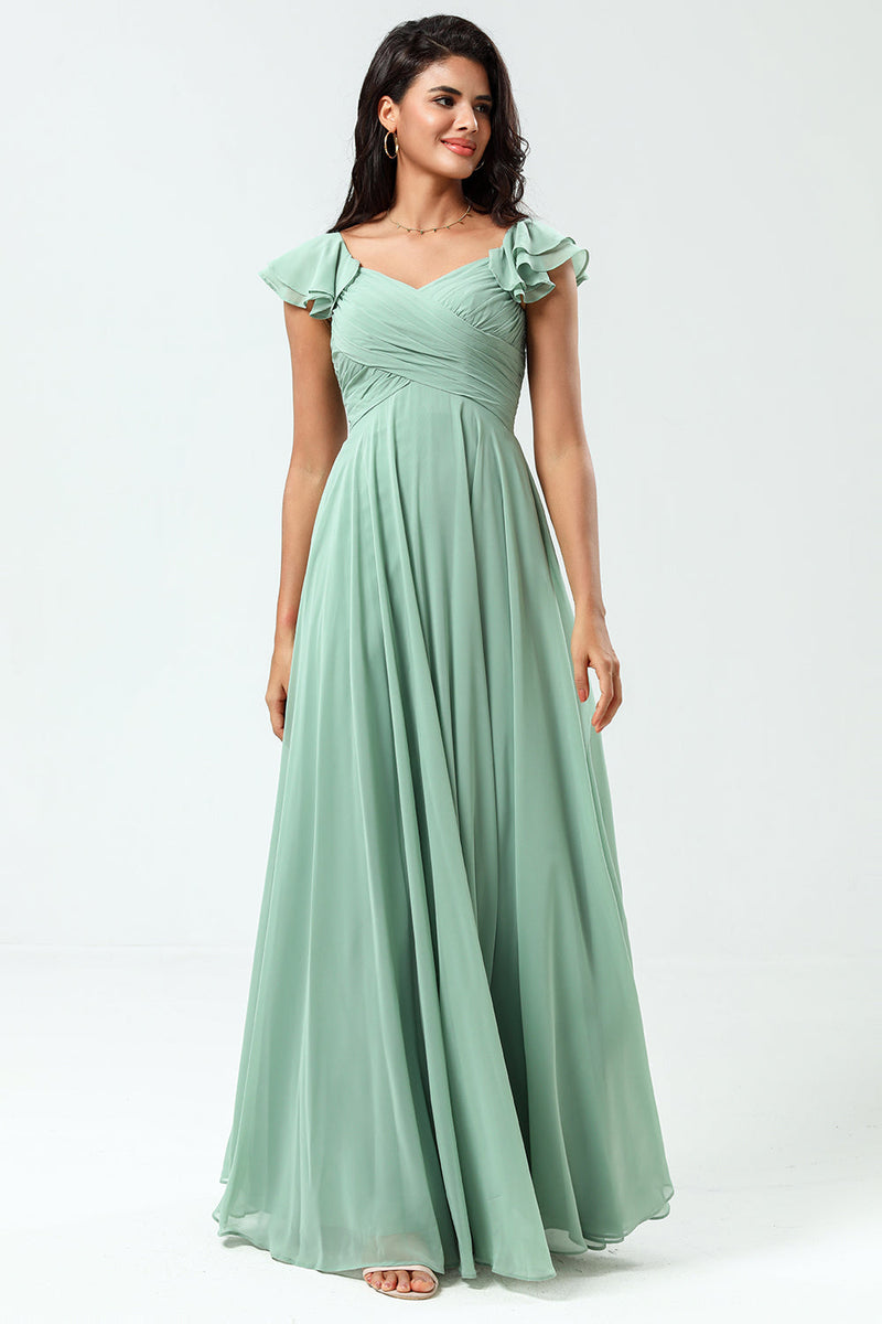 Load image into Gallery viewer, Lace-Up Back A Line Chiffon Green Bridesmaid Dress with Ruffles