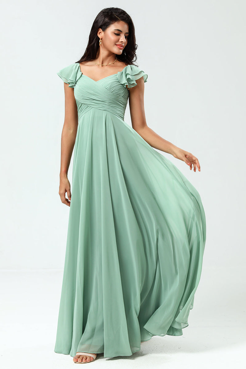 Load image into Gallery viewer, Lace-Up Back A Line Chiffon Green Bridesmaid Dress with Ruffles