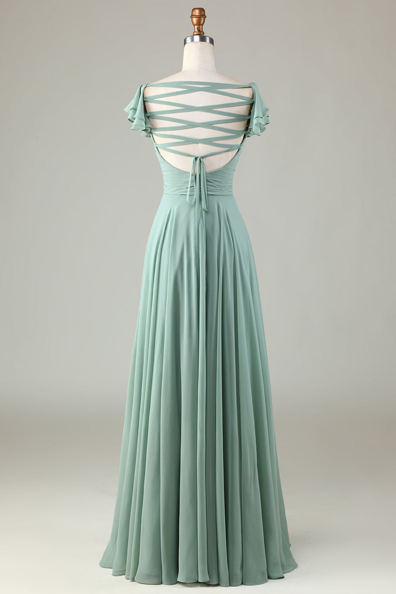 Load image into Gallery viewer, Lace-Up Back Matcha Bridesmaid Dress with Ruffles