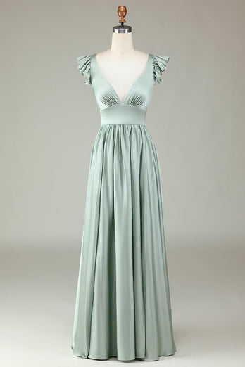 Deep V-Neck Matcha Long Bridesmaid Dress with Ruffles