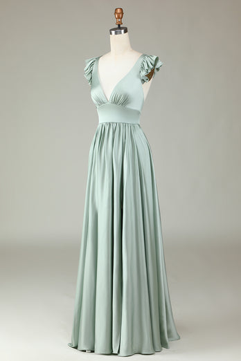 Deep V-Neck Matcha Long Bridesmaid Dress with Ruffles