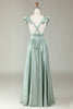 Load image into Gallery viewer, Deep V-Neck Matcha Long Bridesmaid Dress with Ruffles