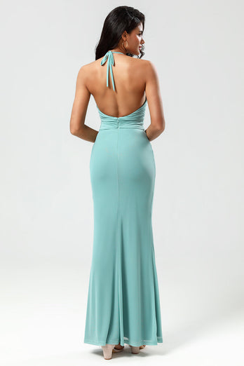 Mermaid Halter Green Long Bridesmaid Dress with V-neck