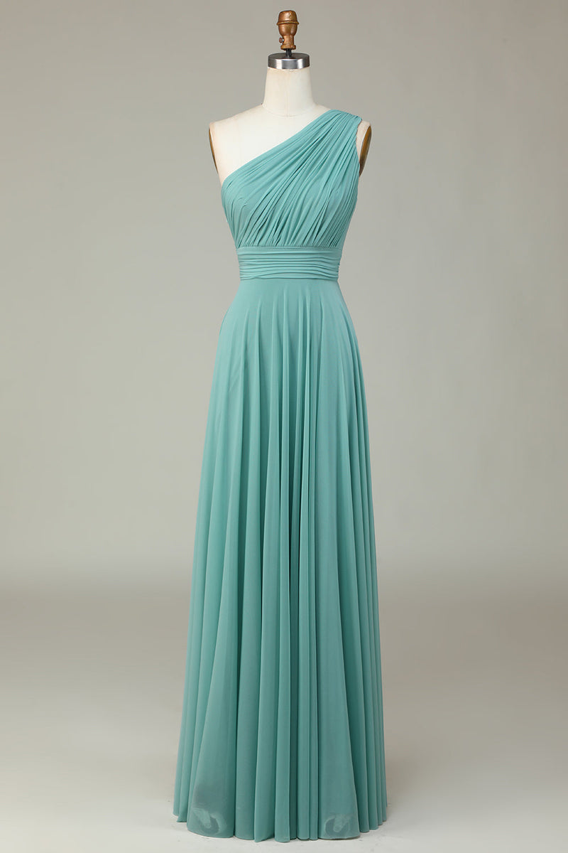 Load image into Gallery viewer, A-Line One Shoulder Sea Glass Long Bridesmaid Dress