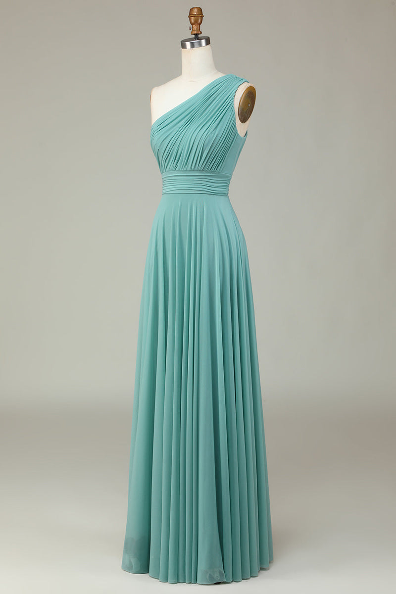 Load image into Gallery viewer, A-Line One Shoulder Sea Glass Long Bridesmaid Dress