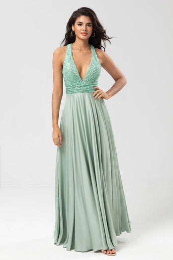 A Line V-Neck Matcha Long Bridesmaid Dress with Beading