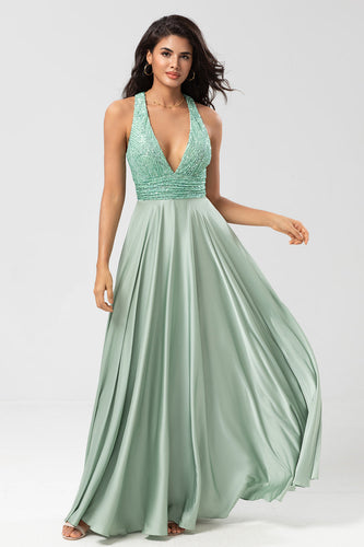 A Line V-Neck Matcha Long Bridesmaid Dress with Beading