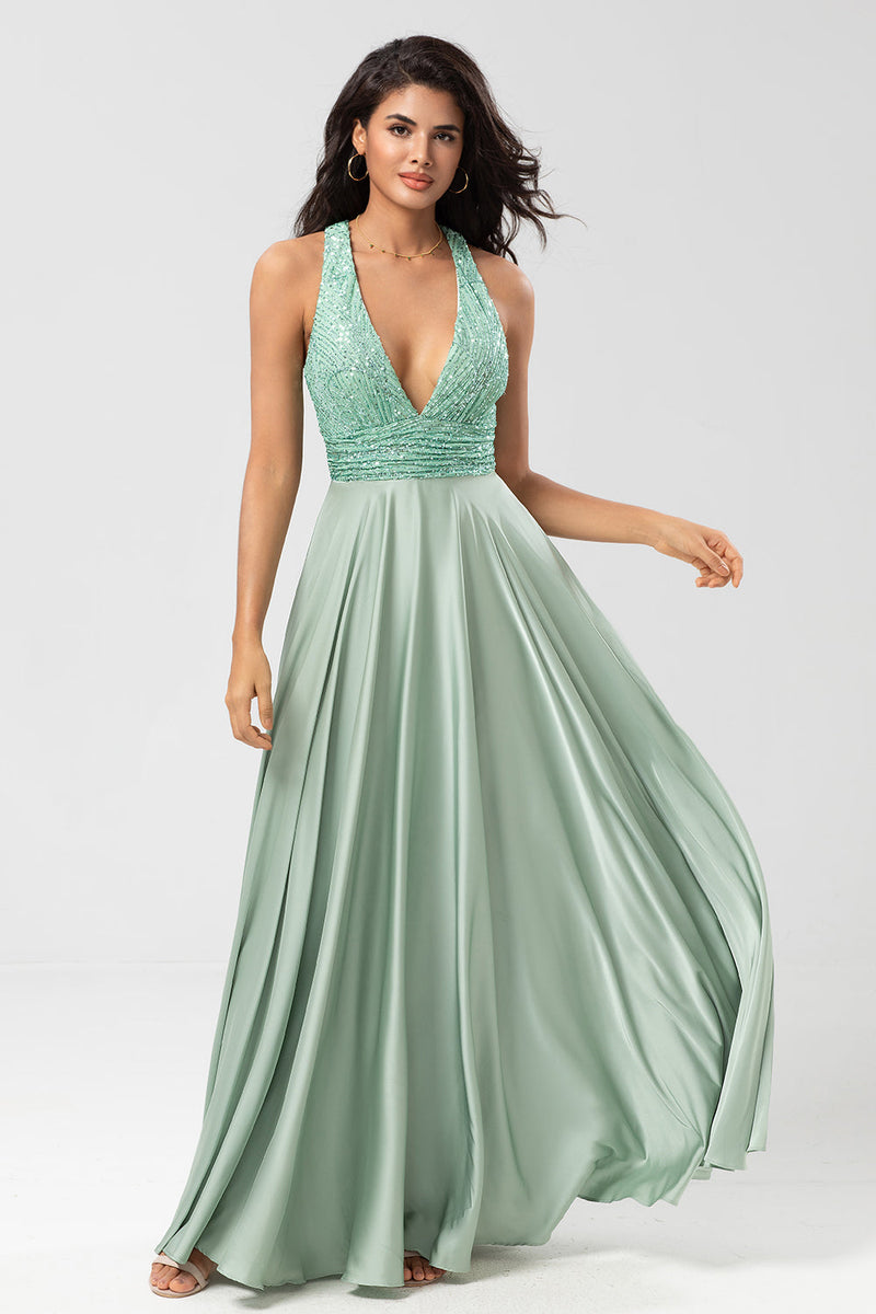 Load image into Gallery viewer, A Line V-Neck Matcha Long Bridesmaid Dress with Beading